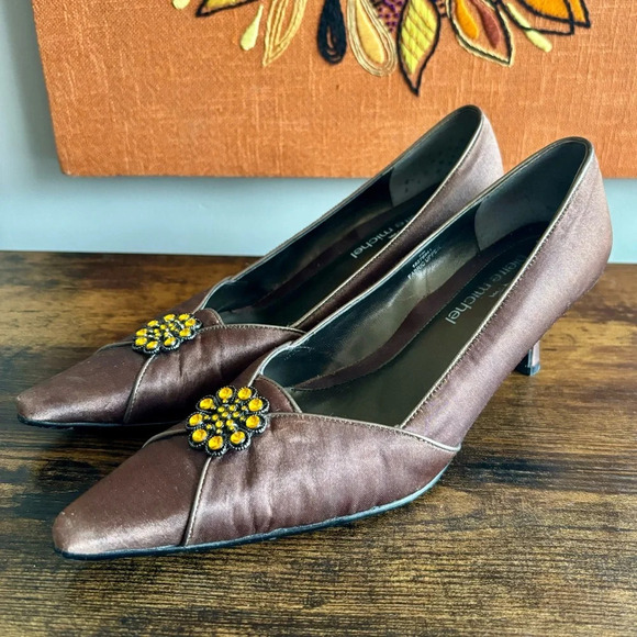 Pierre Michel| Brown Satin  Kitten Heel Topaz Jewelled Party Heel Size 7 - Picture 1 of 8